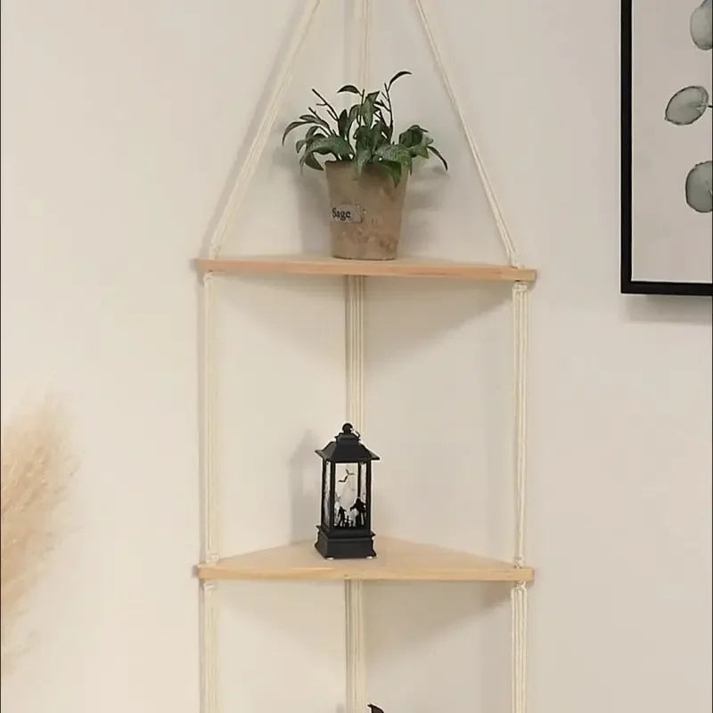 1 Set Wood Wall Shelf Macrame Swing Hanging Floating Display