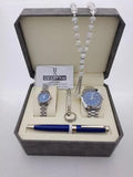 "Men's Stainless Steel Set: Watch, Rosary, Pen & Cufflinks"
